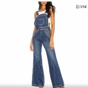 Free Peopke Women’s Blue Denim Wide-Leg Overalls sz 12